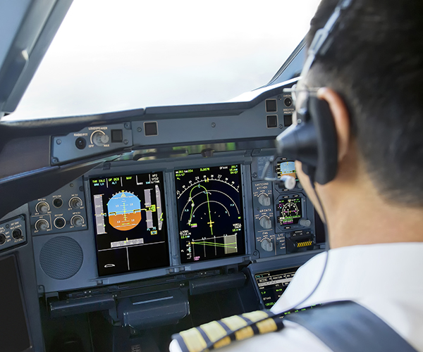 Pilot in the cockpit of an A380